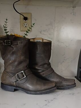 Frye Dark Brown Leather Engineer Boots with Buckles